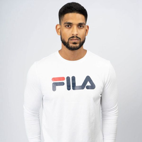 Fila Deckle Long Sleeve Men's T-Shirts - White/Navy/Red,NZ 839-57041